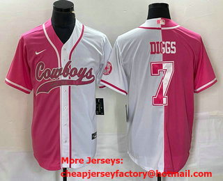Men's Dallas Cowboys #7 Trevon Diggs Pink White Two Tone With Patch Cool Base Stitched Baseball Jersey
