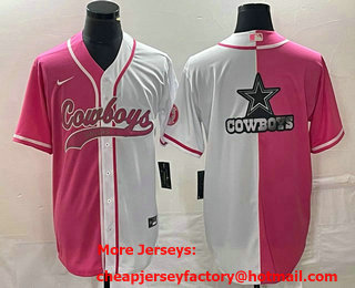 Men's Dallas Cowboys Blank Big Logo Pink White Two Tone With Patch Cool Base Stitched Baseball Jersey