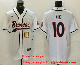 Men's Denver Broncos #10 Bo Nix Number White Cool Base Stitched Baseball Jersey
