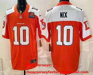 Men's Denver Broncos #10 Bo Nix Orange 2024 FUSE 3X Champions Patch Throwback Vapor Limited Alternate Stitched Jersey