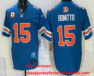 Men's Denver Broncos #15 Nik Bonitto Blue FUSE With 2 Star C Patch Throwback Vapor Limited Stitched Jersey