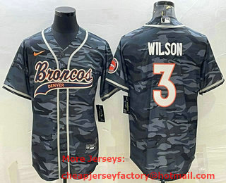 Men's Denver Broncos #3 Russell Wilson Grey Camo With Patch Cool Base Stitched Baseball Jersey