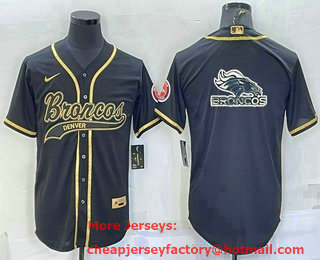 Men's Denver Broncos Black Gold Team Big Logo With Patch Cool Base Stitched Baseball Jersey