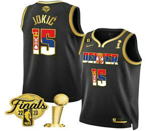 Men's Denver Nuggets #15 Nikola Jokic 2023 Black Gold Flag Finals Champions 6 Patch Stitched Jersey