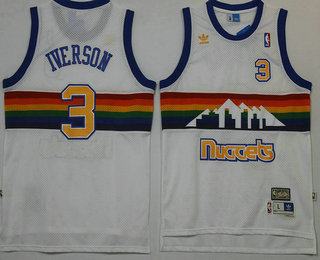 Men's Denver Nuggets #3 Allen Iverson White Rainbow Hardwood Classics Soul Swingman Throwback Jersey