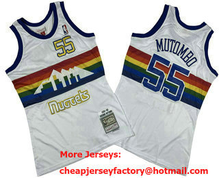 Men's Denver Nuggets #55 Dikembe Mutombo White 1991-92 Rainbow Hardwood Classics Soul Swingman Throwback Jersey
