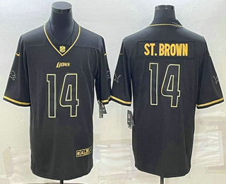 Men's Detroit Lions #14 Amon Ra St Brown Black Gold Edition Stitched Jersey