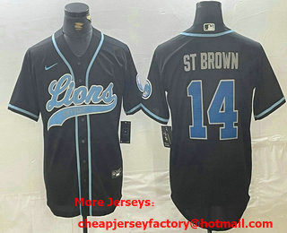 Men's Detroit Lions #14 Amon Ra St Brown Black With Patch Cool Base Stitched Baseball Jersey