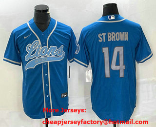 Men's Detroit Lions #14 Amon Ra St Brown Blue With Patch Cool Base Stitched Baseball Jersey