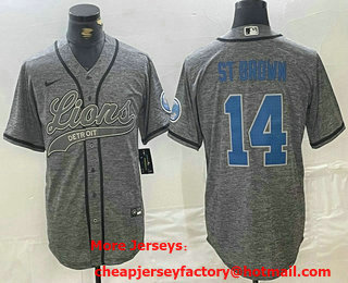 Men's Detroit Lions #14 Amon Ra St Brown Grey Gridiron With Patch Cool Base Stitched Baseball Jersey