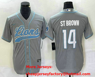 Men's Detroit Lions #14 Amon Ra St Brown Grey With Patch Cool Base Stitched Baseball Jersey