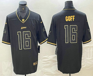 Men's Detroit Lions #16 Jared Goff Black Gold Edition Stitched Jersey