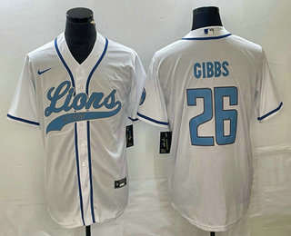 Men's Detroit Lions #26 Jahmyr Gibbs White With Patch Cool Base Stitched Baseball Jersey
