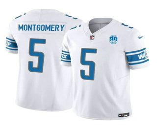 Men's Detroit Lions #5 David Montgomery White 2023 FUSE 90th Anniversary Vapor Limited Stitched Jersey