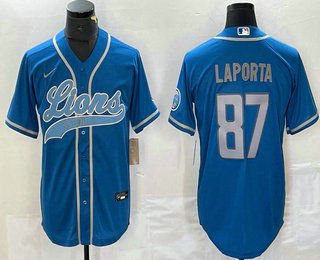 Men's Detroit Lions #87 Sam Laporta Blue With Patch Cool Base Stitched Baseball Jersey
