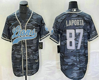 Men's Detroit Lions #87 Sam Laporta Grey Camo With Patch Cool Base Stitched Baseball Jersey
