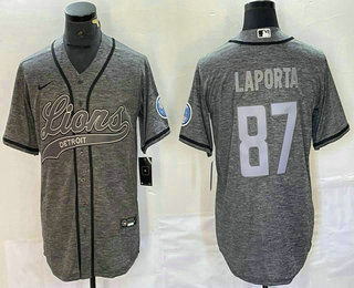 Men's Detroit Lions #87 Sam Laporta Grey Gridiron With Patch Cool Base Stitched Baseball Jersey