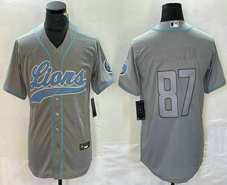 Men's Detroit Lions #87 Sam Laporta Grey With Patch Cool Base Stitched Baseball Jersey