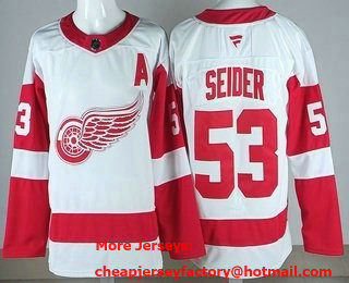 Men's Detroit Red Wings #53 Moritz Seider White With A Patch Authentic Jersey