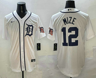 Men's Detroit Tigers #12 Casey Mize White Navy Name Cool Base Stitched Jersey