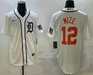 Men's Detroit Tigers #12 Casey Mize White With Patch Cool Base Stitched Baseball Jersey