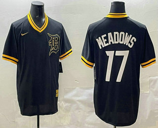 Men's Detroit Tigers #17 Parker Meadows Black Gold Nike Cooperstown Legend V Neck Jersey