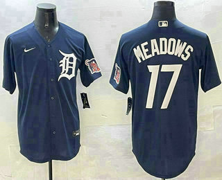 Men's Detroit Tigers #17 Parker Meadows Navy With Patch Cool Base Stitched Jersey