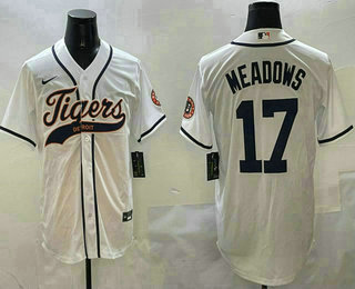 Men's Detroit Tigers #17 Parker Meadows White With Patch Cool Base Stitched Baseball Jersey