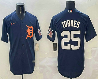Men's Detroit Tigers #25 Gleyber Torres Navy Alternate With Patch Cool Base Stitched Jersey