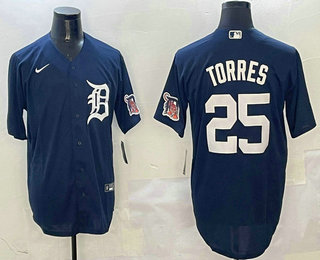Men's Detroit Tigers #25 Gleyber Torres Navy With Patch Cool Base Stitched Jersey