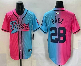 Men's Detroit Tigers #28 Javier Baez Pink Blue Split Limited Baseball Jersey