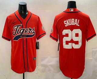 Men's Detroit Tigers #29 Tarik Skubal Orange With Patch Cool Base Stitched Baseball Jersey