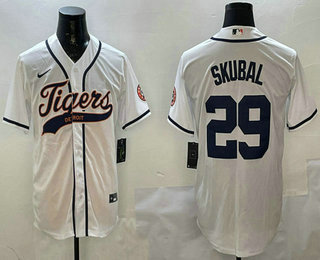 Men's Detroit Tigers #29 Tarik Skubal White With Patch Cool Base Stitched Baseball Jersey