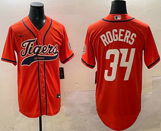 Men's Detroit Tigers #34 Jake Rogers Orange With Patch Cool Base Stitched Baseball Jersey