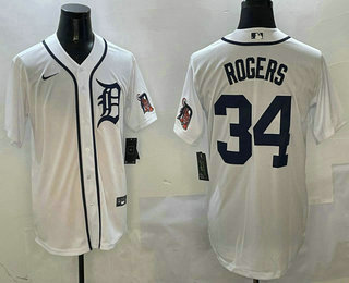 Men's Detroit Tigers #34 Jake Rogers White With Patch Stitched Cool Base Nike Jersey