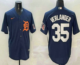 Men's Detroit Tigers #35 Justin Verlander Navy With Patch Stitched Cool Base Nike Jersey