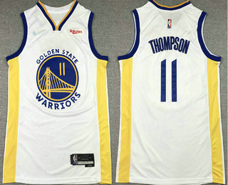 Men's Golden State Warriors #11 Klay Thompson White 75th Anniversary Diamond 2021 Stitched Jersey With Sponsor