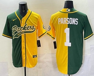 Men's Green Bay Packers #1 Micah Parsons Green Yellow Split With Patch Cool Base Stitched Baseball Jersey