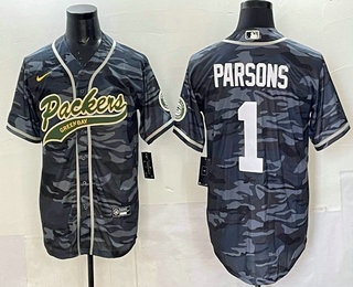 Men's Green Bay Packers #1 Micah Parsons Grey Camo With Patch Cool Base Stitched Baseball Jersey
