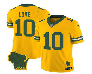 Men's Green Bay Packers #10 Jordan Love Gold 2023 FUSE Home Patch Vapor Limited Stitched Jersey