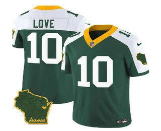 Men's Green Bay Packers #10 Jordan Love Green White 2023 FUSE Home Patch Vapor Limited Stitched Jersey