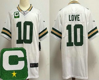 Men's Green Bay Packers #10 Jordan Love Limited White 2025 Captain Patch Vapor Jersey
