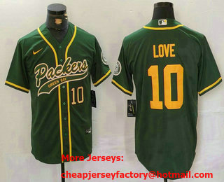 Men's Green Bay Packers #10 Jordan Love Number Green With Patch Cool Base Stitched Baseball Jersey