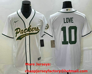 Men's Green Bay Packers #10 Jordan Love White With Patch Cool Base Stitched Baseball Jersey