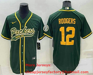 Men's Green Bay Packers #12 Aaron Rodgers Green Yellow Stitched MLB Cool Base Nike Baseball Jersey