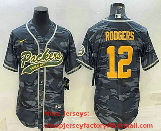 Men's Green Bay Packers #12 Aaron Rodgers Grey Gold Camo With Patch Cool Base Stitched Baseball Jersey