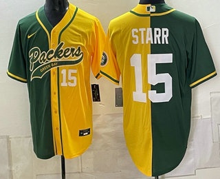 Men's Green Bay Packers #15 Bart Starr Green Yellow Split With Patch Cool Base Stitched Baseball Jersey