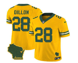 Men's Green Bay Packers #28 AJ Dillon Gold 2023 FUSE Home Patch Vapor Limited Stitched Jersey