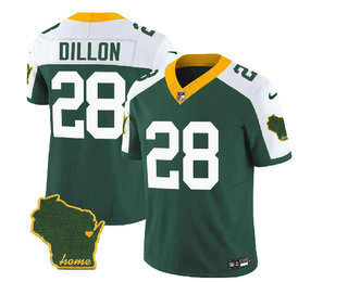 Men's Green Bay Packers #28 AJ Dillon Green White 2023 FUSE Home Patch Vapor Limited Stitched Jersey