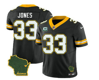 Men's Green Bay Packers #33 Aaron Jones Black 2023 FUSE C Patch Vapor Limited Stitched Jersey